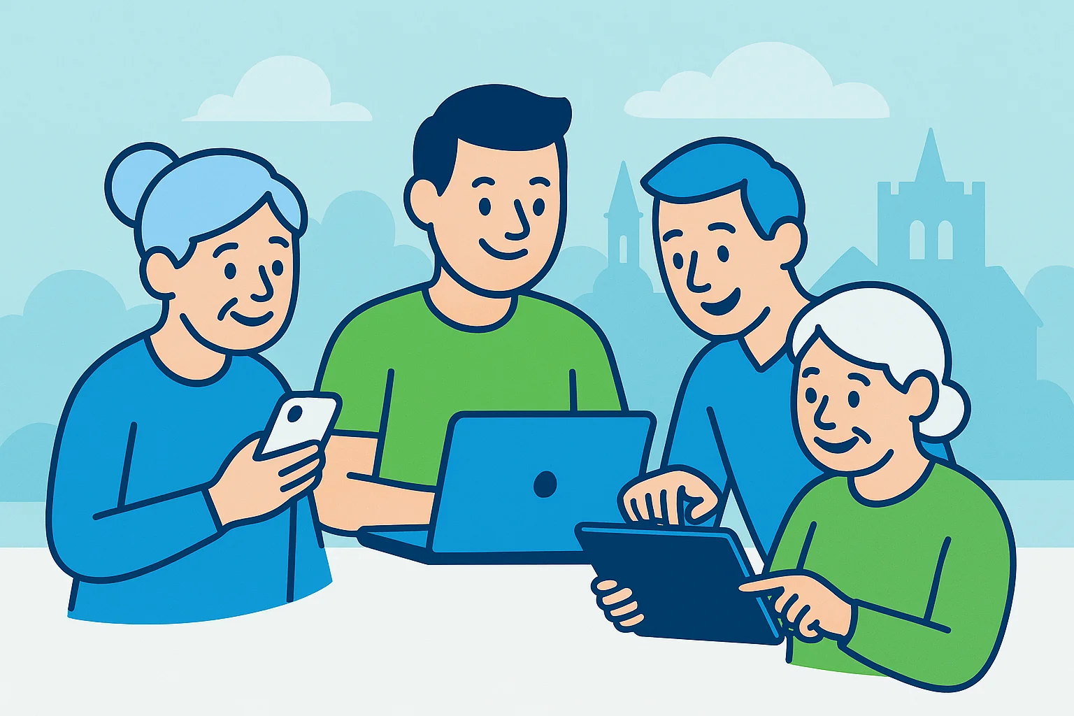 Illustration of people learning to use a laptop together